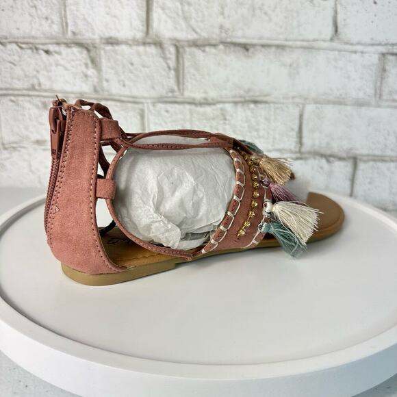 Qupid Archer Sandals Size 10 Boho Faux Leather Tassel Wrap Embroidered Pink - Picture 11 of 12